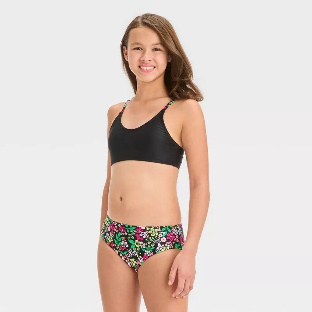 art class Girls' Floral Printed Rash Guard TOP ONLY | Black | S | NWT